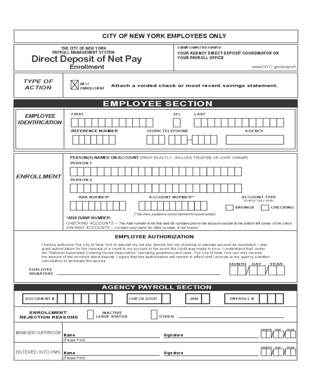 Direct Deposit New Enrollment Form - New York