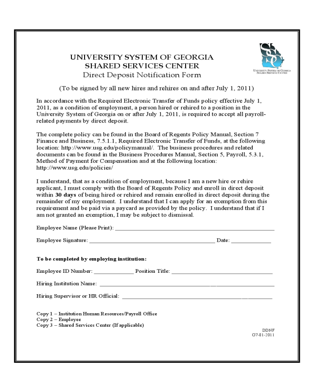 Direct Deposit Notification Form - University System of Georgia Shared Services Center