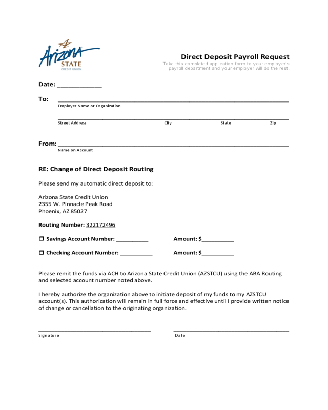 Direct Deposit Payroll Request Form - Arizona
