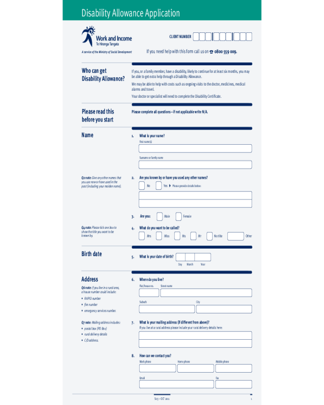 Disability Allowance Form - New Zealand