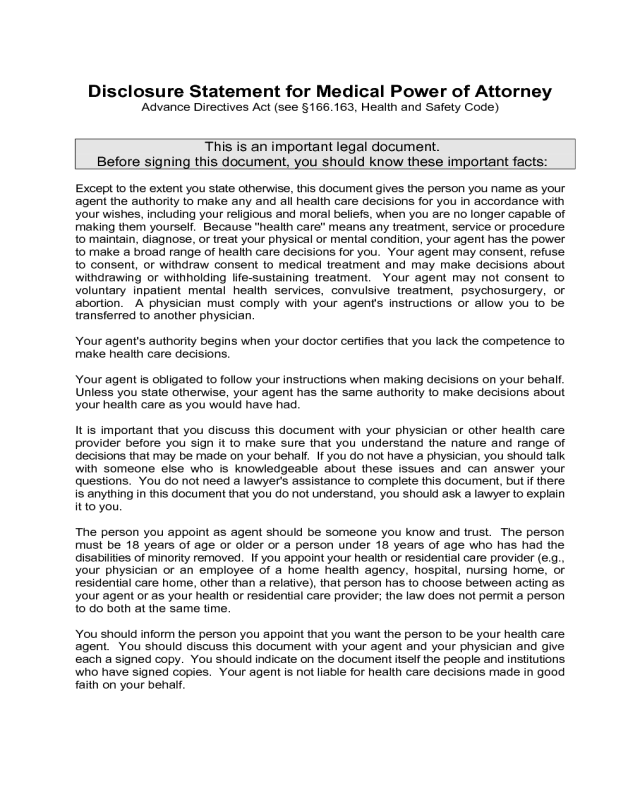 Disclosure Statement for Medical Power of Attorney