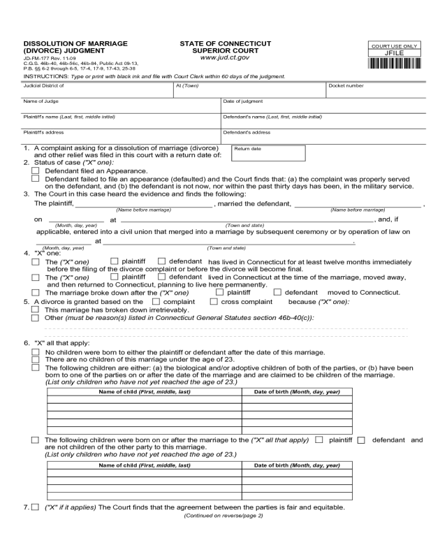 Dissolution of Marriage Form - Connecticut