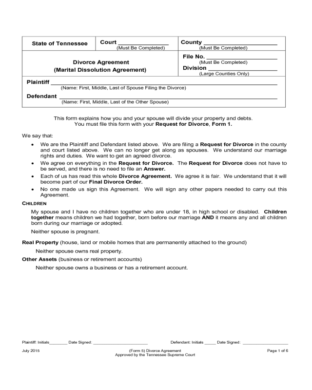 Divorce Agreement Form - Tennessee