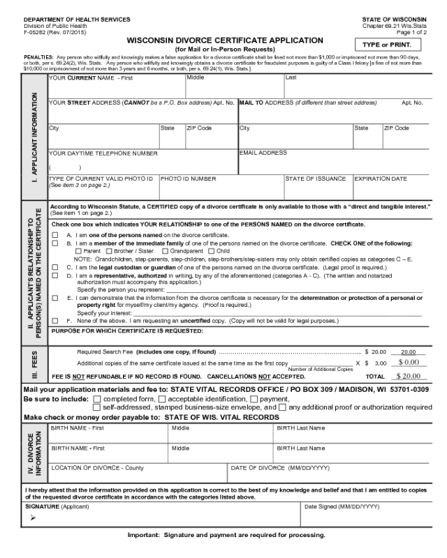 Divorce Certificate Application Form - Wisconsin