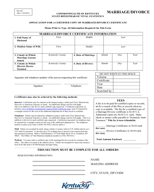 Divorce Certification Information Form - Kentucky