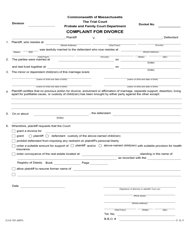 Divorce Complain Form - Massachusetts