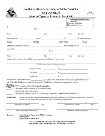 DMV Bill of Sale Form - South Carolina - Edit, Fill, Sign Online | Handypdf