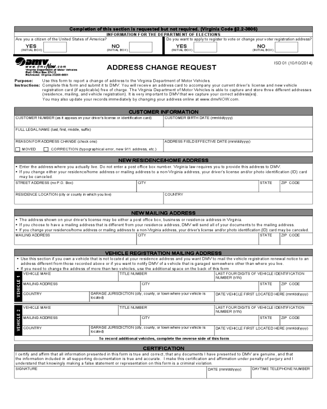 DMV Change of Address Form - Virginia