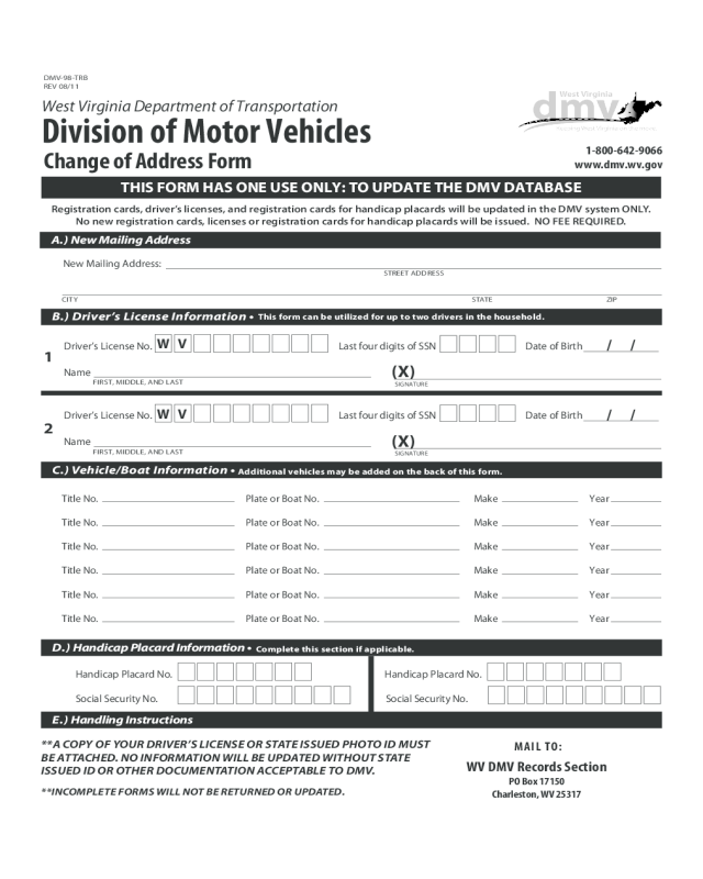 DMV Change of Address Form - West Virginia