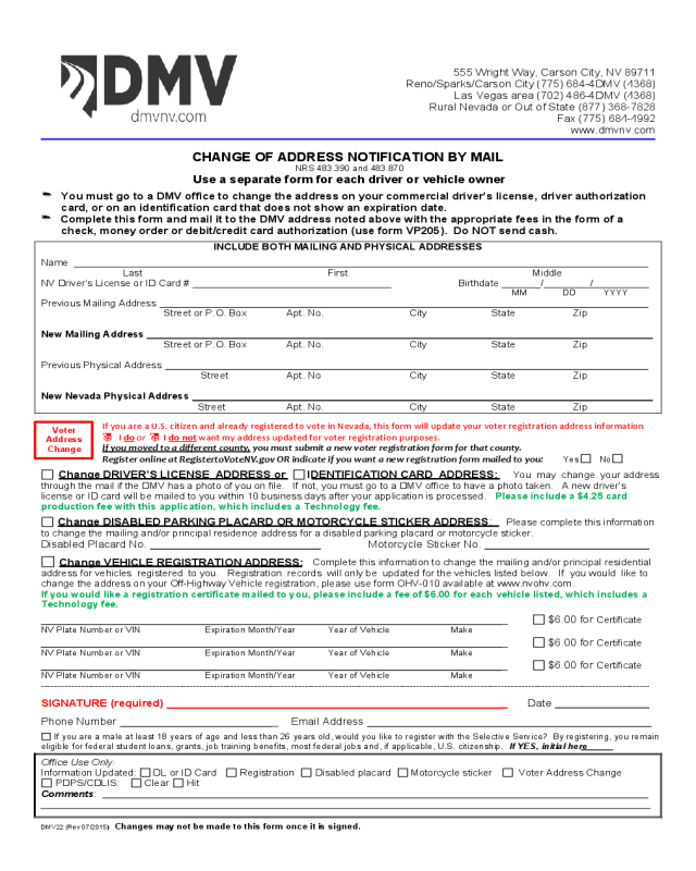 DMV Change of Address Notification - Nevada