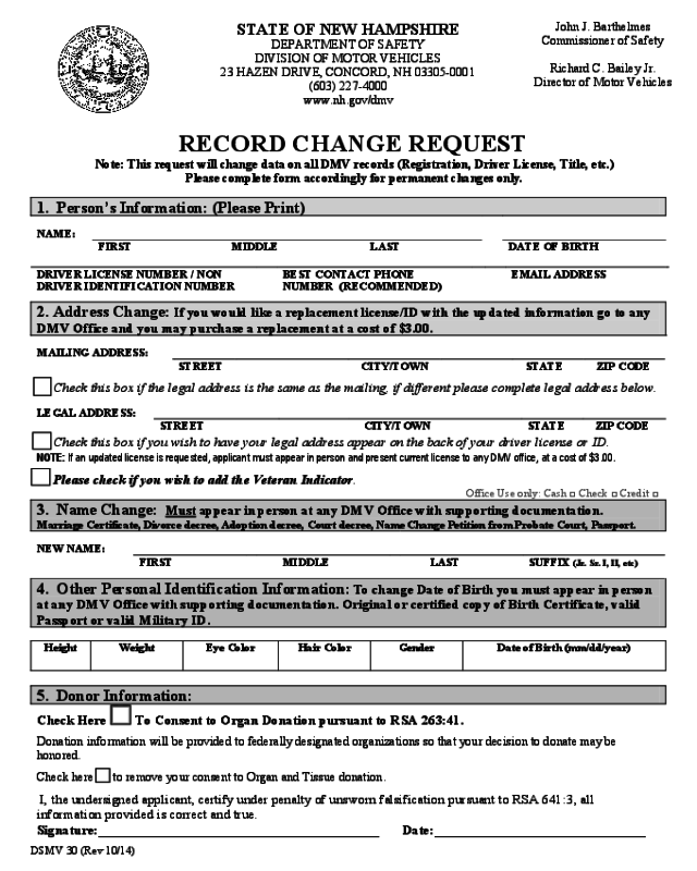 DMV Record Change Request Form - New Hampshire