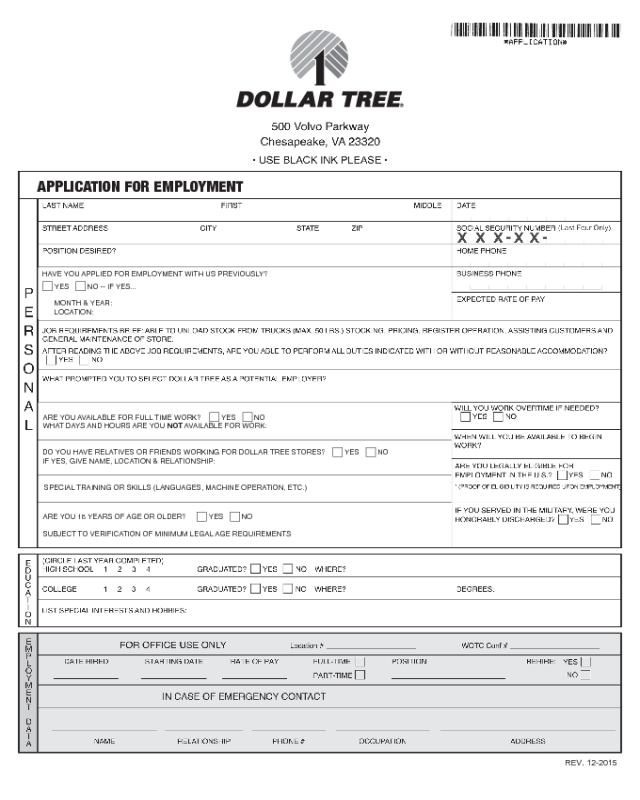 Dollar Tree Application Form