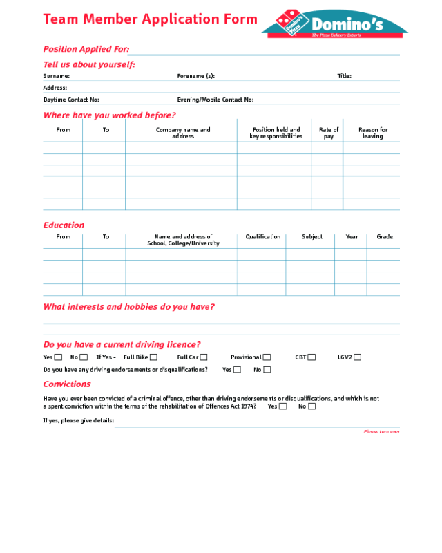 Domino's Application Form