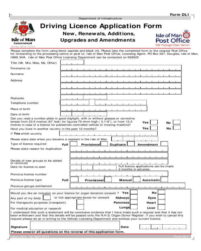 Driving Licence Application Form - Isle of Man