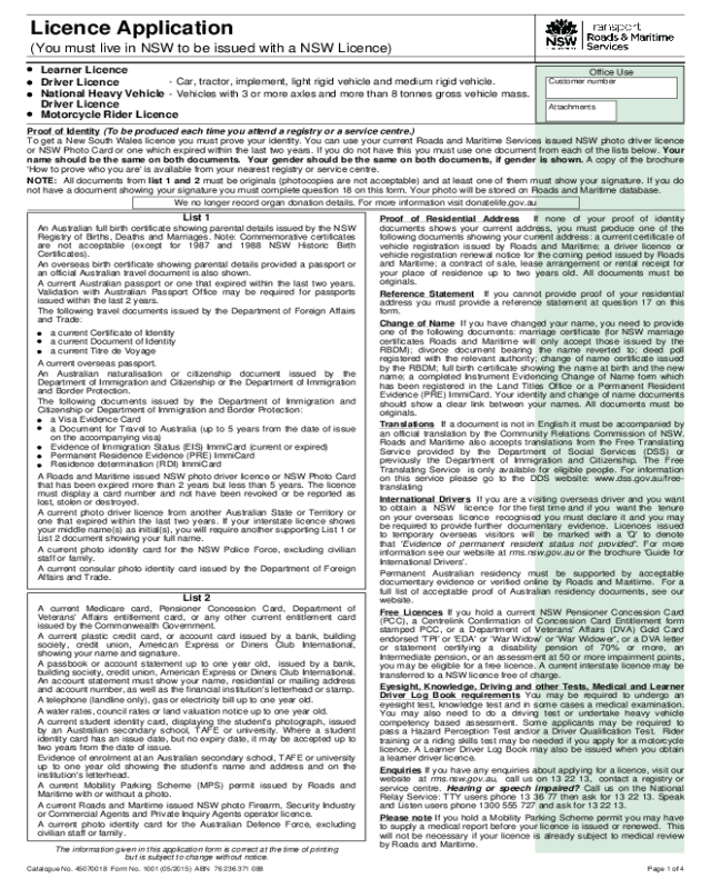 Driving Licence Application Form - New South Wales
