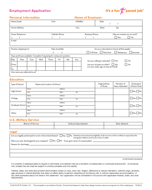 Dunkin' Donuts Application Form