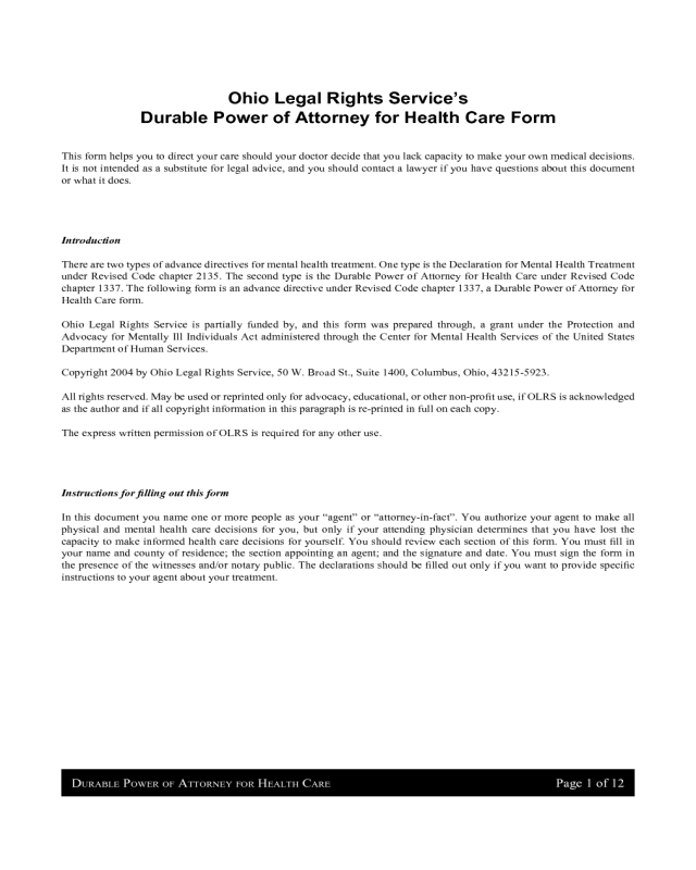 Durable Power of Attorney for Health Care - Ohio