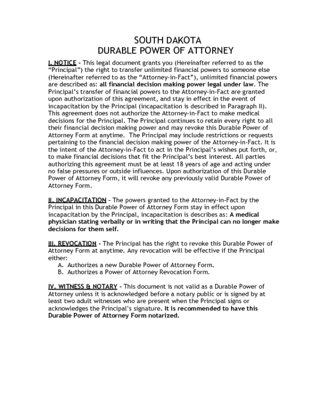 Durable Power of Attorney - South Dakota