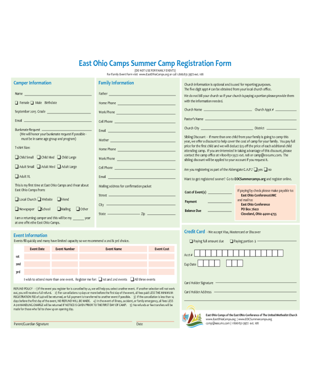 East Ohio Camps Summer Camp Registration Form