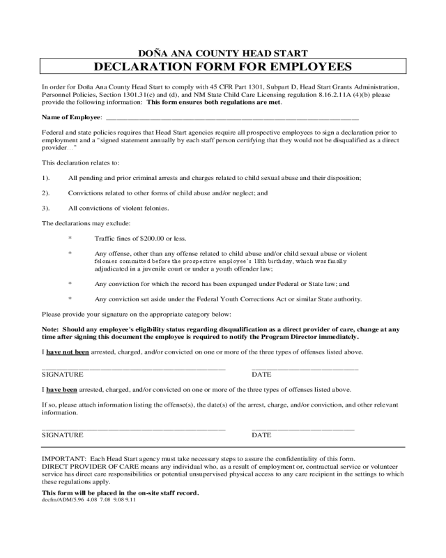 Employee Declaration Form - New Mexico
