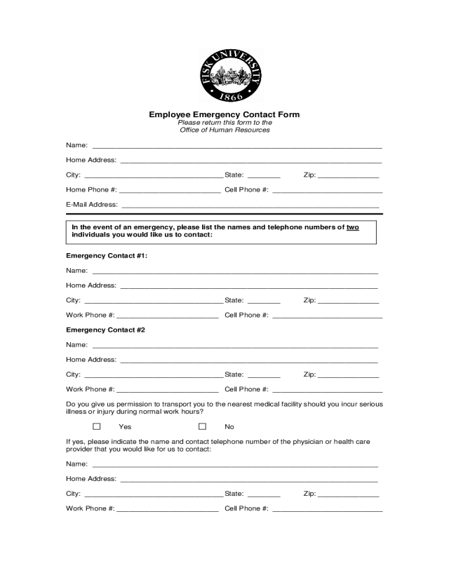 Employee Emergency Contact Form - Tennessee