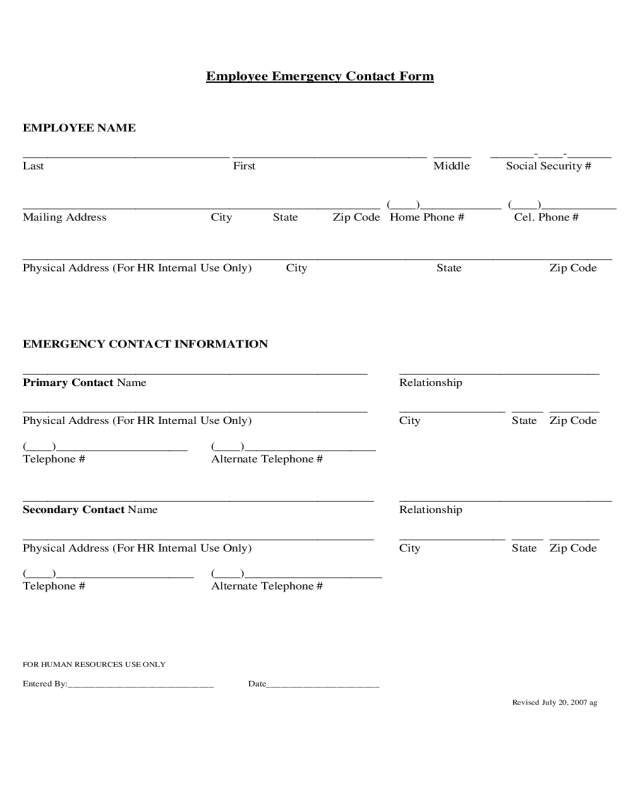 Employee Emergency Contact Form - Texas