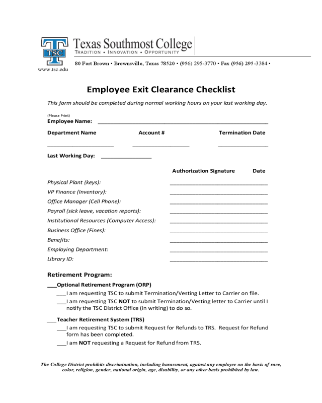 Employee Exit Clearance Checklist Form - Texas Southmost College