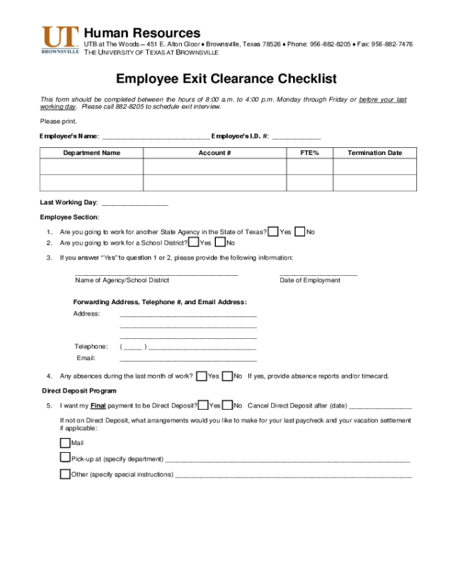 Employee Exit Clearance Checklist Form - University of Texas at Brownsville