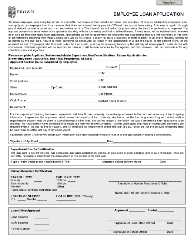 Employee Loan Application Form - Rhode Island