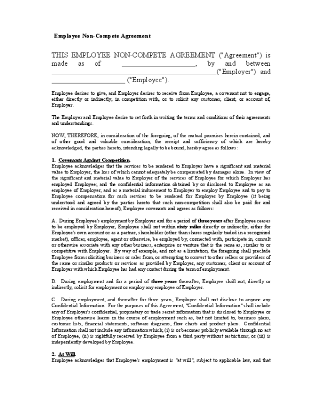 Employee Non-compete Agreement Form