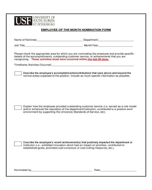 Employee Of The Month Nomination Form - Florida