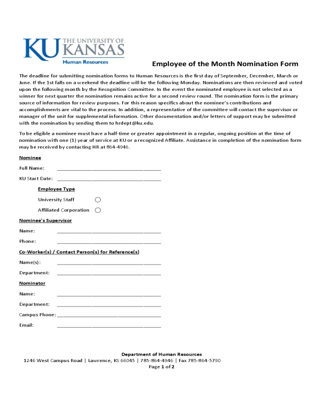 Employee Of The Month Nomination Form - Kansas