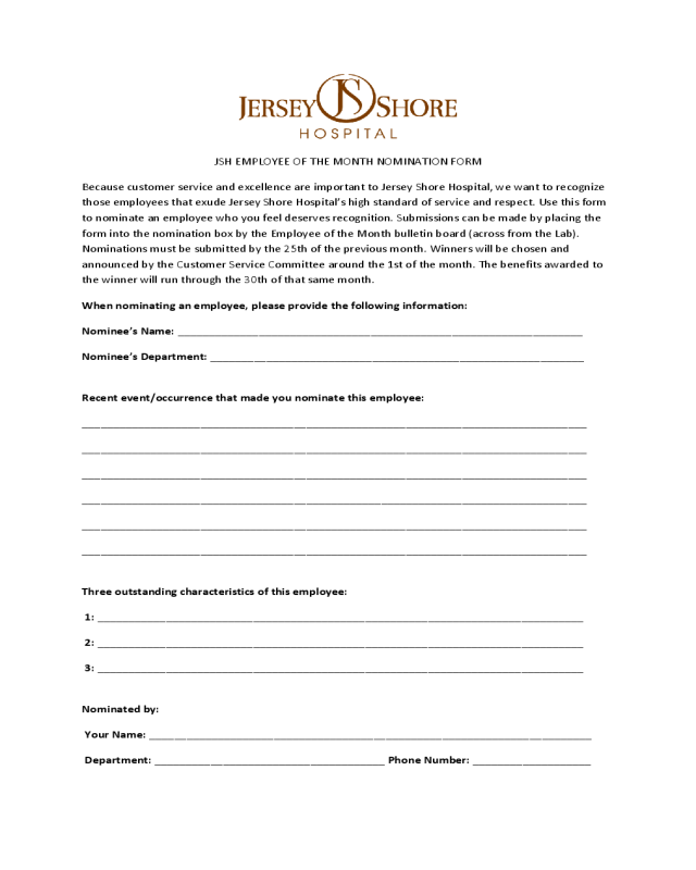 Employee Of The Month Nomination Form - New Jersey