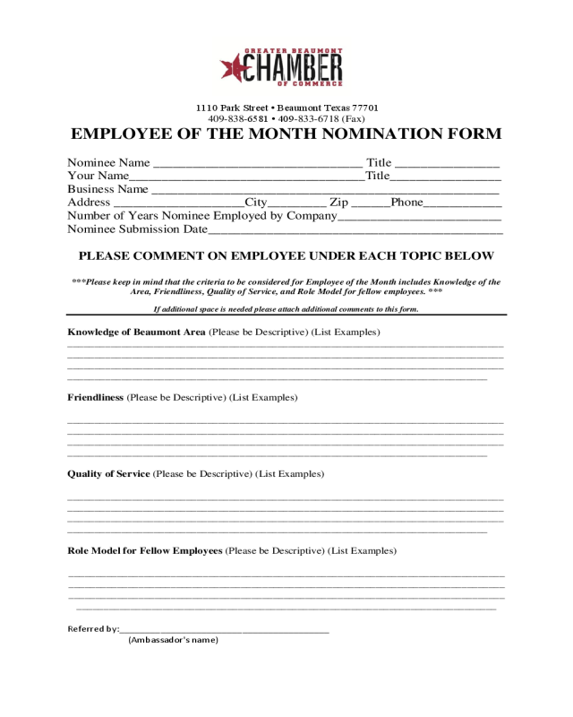 Employee Of The Month Nomination Form - Texas