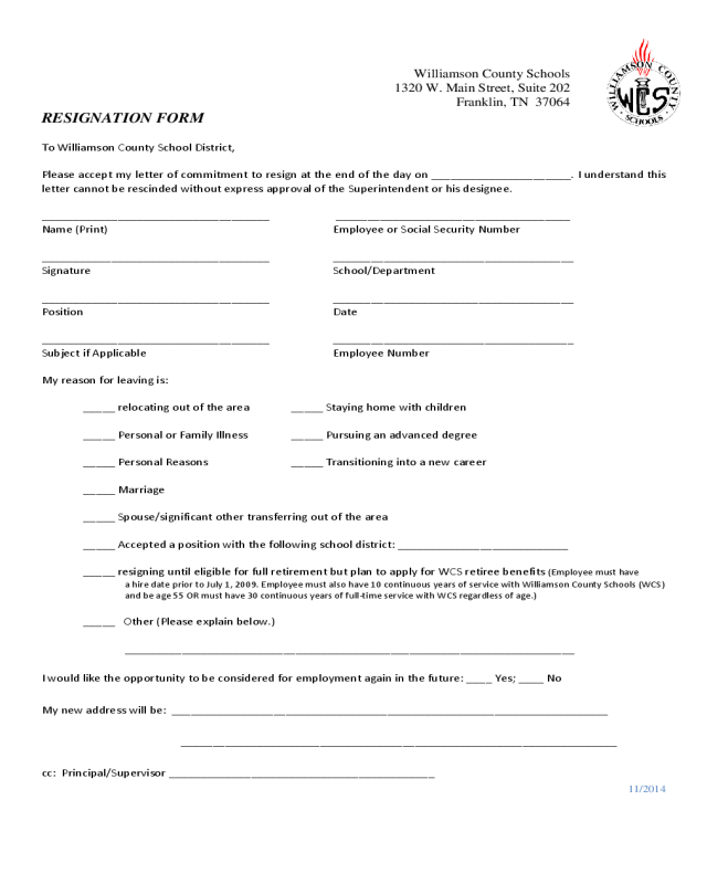 Employee Resignation Form - Tennessee