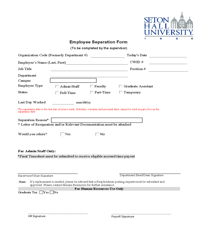 Employee Separation Form - New Jersey
