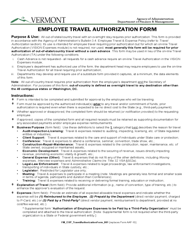 Employee Travel Authorization Form - Vermont