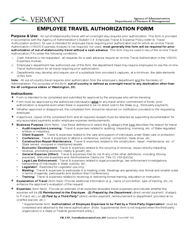 Employee Travel Authorization Form Vermont Edit Fill