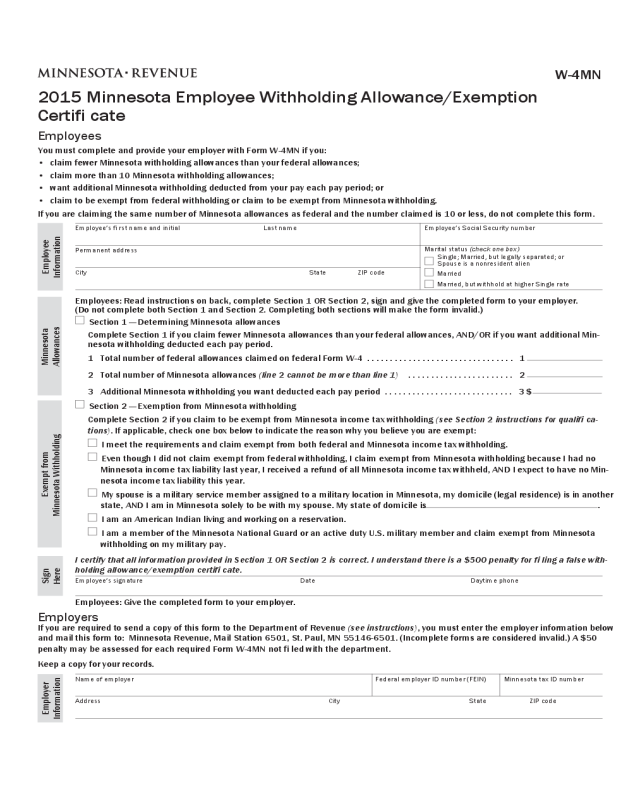 Employee Withholding Allowance/Exemption Certificate - Minnesota