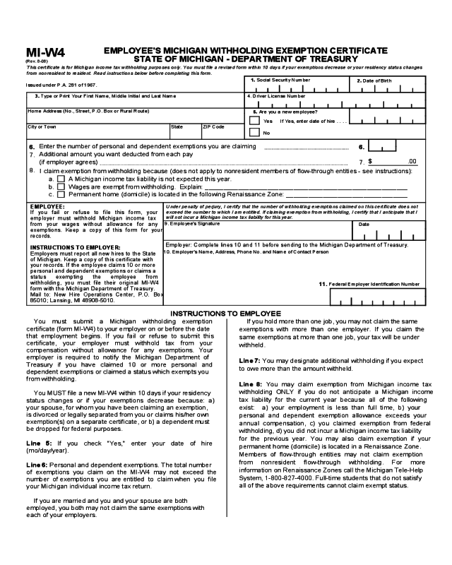 Employee Withholding Exemption Certificate - Michigan