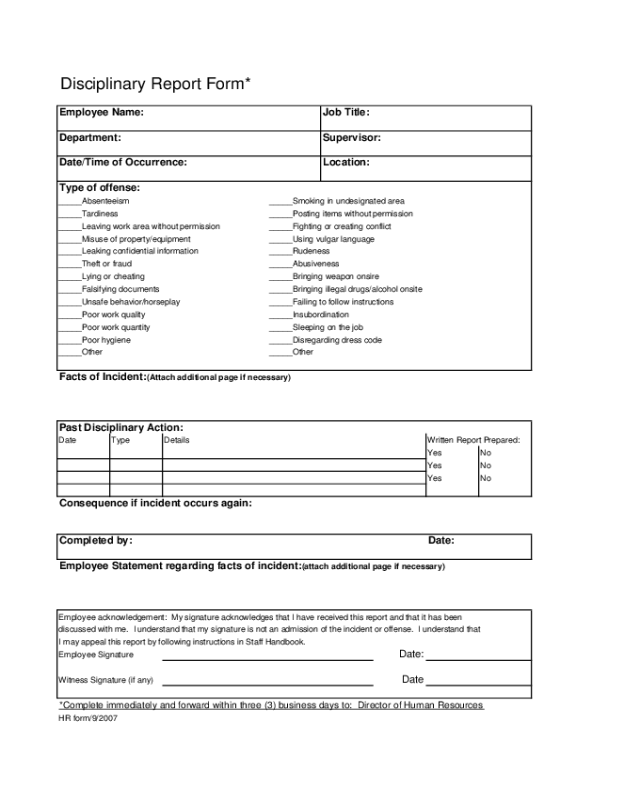 Employee Write Up Disciplinary Report Form