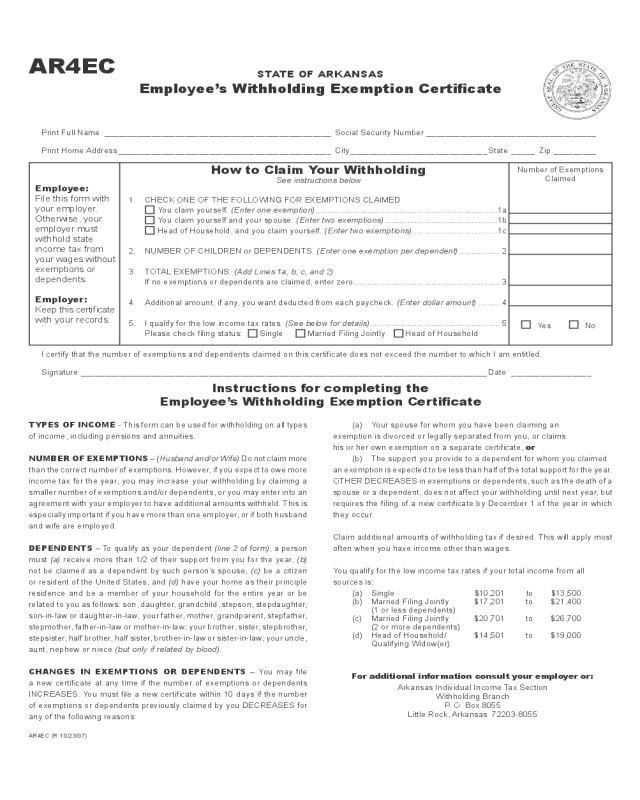 Employee's Withholding Exemption Certificate - Arkansas