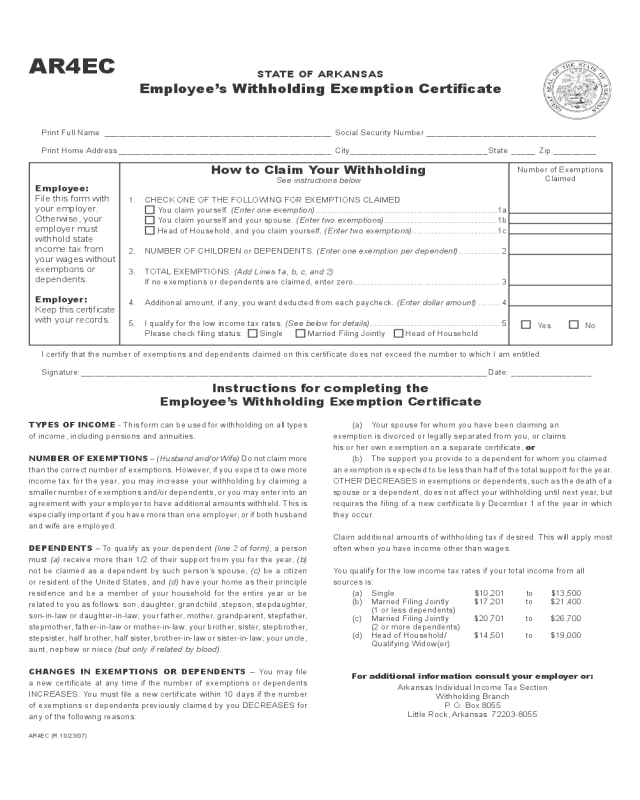 Employee #39 s Withholding Exemption Certificate Arkansas Edit Fill