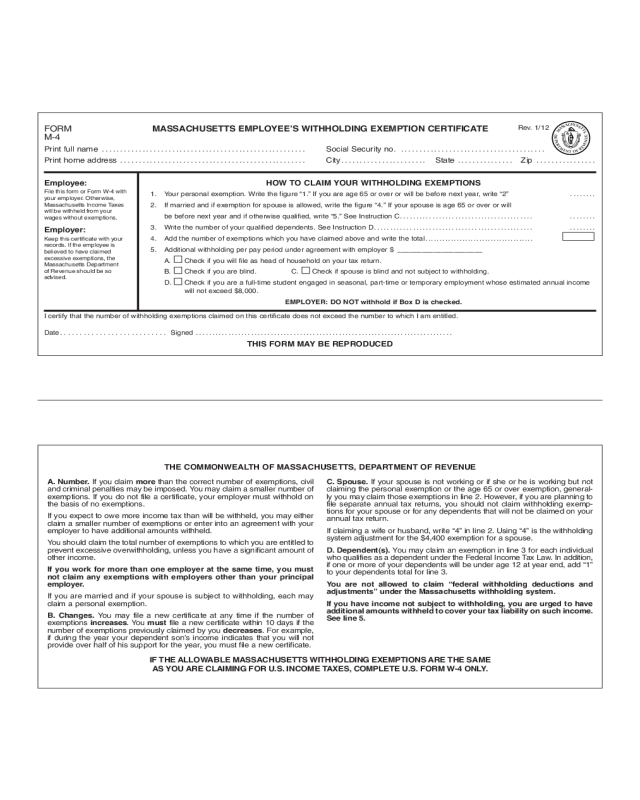 Employee's Withholding Exemption Certificate - Massachusetts