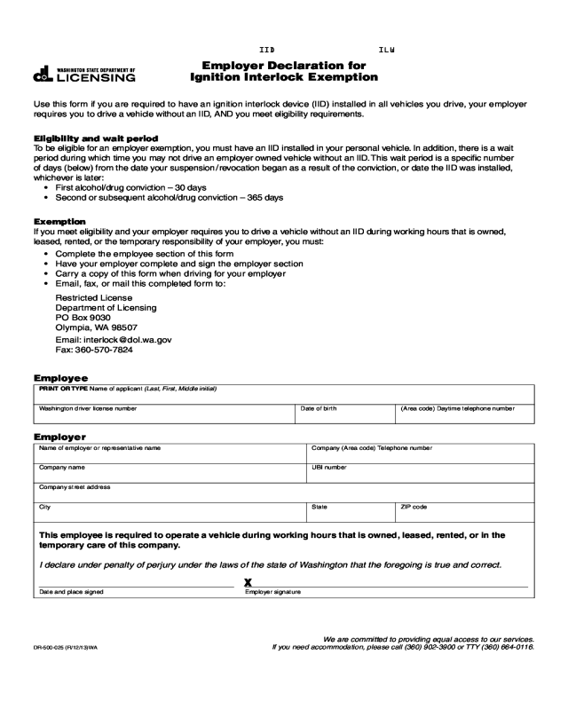 Employer Declaration for Ignition Interlock Exemption - Washington