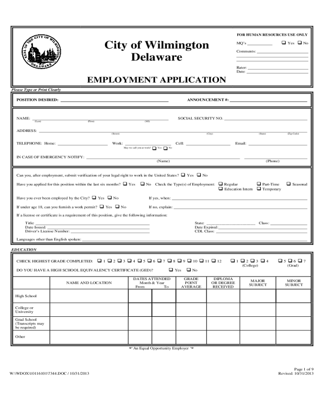 Employment Application - City of Wilmington, Delaware