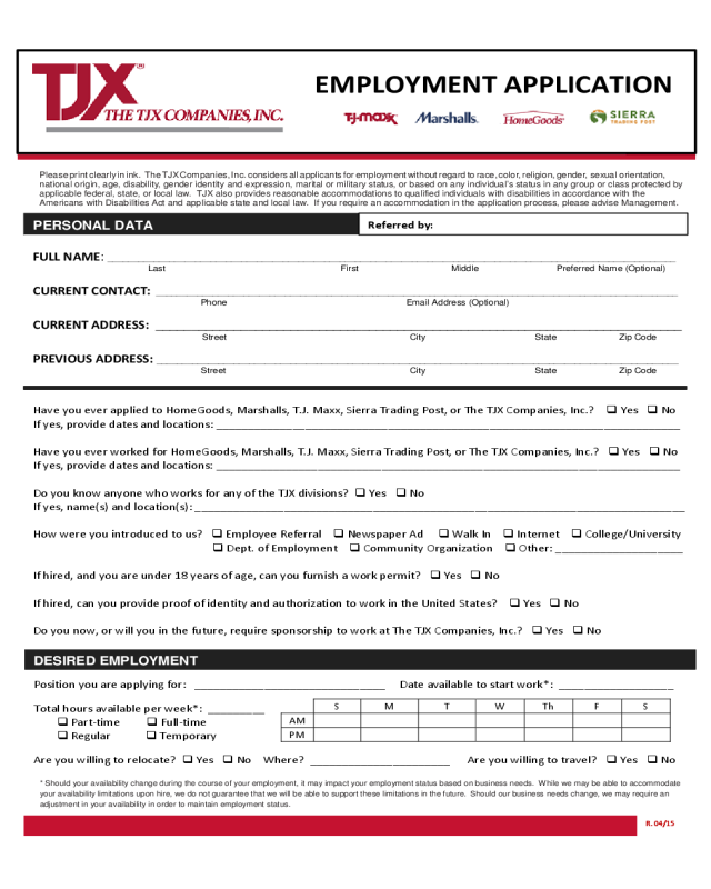 EMPLOYMENT APPLICATION for TJX Companies