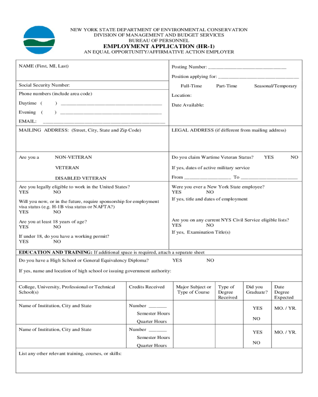 Employment Application Form for New York State