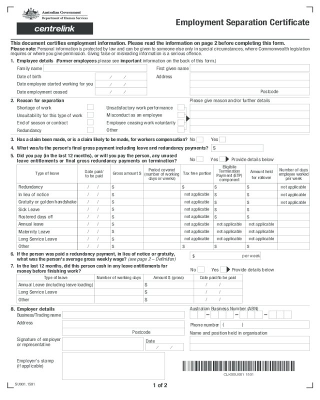 Employment Separation Certificate - Australia