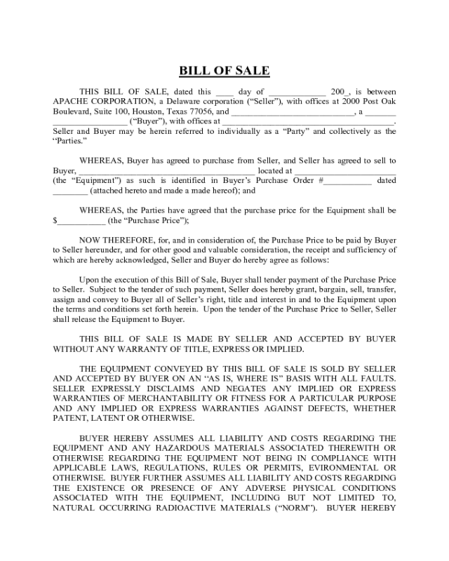 Equipment Bill of Sale - Delaware